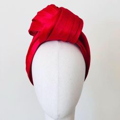 Red Pinched Crown Headpiece, Red Structured Crown Headpiece For Party, Red Headpiece With Structured Crown For Party, Fitted Wedding Turban Headband, Wedding Turban Headband, Festive Red Headband, Elegant Turban For Church, Adjustable Party Turban, Elegant Red Festive Headpiece