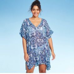 Perfect Blue Beach Cover Up Blue Short Sleeve Cover-up For Poolside, Blue Short Sleeve Beachwear Cover-up, Blue Short Sleeve Poolside Cover-up, Blue Short Sleeve Cover-up For Beach, Blue Short Sleeve Beach Cover-up, Blue V-neck Cover-up For Summer, Blue V-neck Beach Cover-up, Blue Beachy Cover-up For Day Out, Blue Cover-up For Vacation Day Out