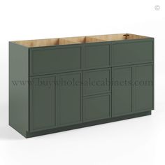 a green cabinet with two doors and drawers on the bottom, in front of a white background