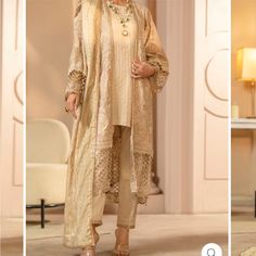 Pakistani Dress Brand Almirah Size Medium Brand New Elegant Dupatta Sets For Occasions, Elegant Silk Summer Sets, Elegant Sets With Dabka, Chic Silk Festive Dress, Elegant Sets With Dabka For Summer, Silk Maxi Dress With Dabka Details, Silk Maxi Dress With Dabka Embroidery, Evening Dabka Dress For Festive Occasions, Long Beige Dress For Eid