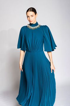 Her Trove - Embroidered neckline pleated dress Dress Name, Embroidered Neckline, Pleated Midi Dress, Bell Sleeve Dress, Pleated Dress, A Line Skirts, Dress Making, Evening Dress, Bell Sleeves