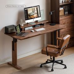 a computer desk with a chair next to it in front of a bookcase and bookshelf