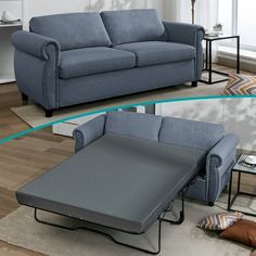 a couch with a table underneath it in a living room next to a coffee table