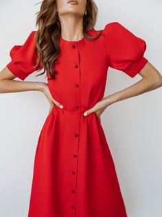 Fabric: Crepe Viscose 50%, Polyester 40%, Elastane 10% Round Neck Short puffed-sleeve Flared waist Buttoned Midi length Structured Shoulders Puff Sleeve Dress For Work, Puff Sleeve Dress With Buttons, Chic Red Puff Sleeve Midi Dress, Chic Red Midi Dress With Puff Sleeves, Elegant Red Knee-length Puff Sleeve Dress, Red Puff Sleeve Midi Dress, Workwear Midi Dress With Puff Elastic Sleeves, Summer Workwear Puff Sleeve Dress With Elastic Sleeves, Chic Red Knee-length Puff Sleeve Dress