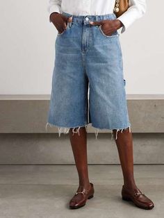 GUCCI Frayed denim shorts | NET-A-PORTER Gucci Casual Cotton Jeans, Gucci Summer Bottoms, Casual Gucci Cotton Bottoms, Gucci Wide Leg Workwear Bottoms, Casual Gucci Bottoms, Denim Knee-length Shorts With Belt Loops, Gucci Casual Bottoms With Pockets, Casual Gucci Bottoms With Pockets, Cutoff Denim Shorts With Hip Pockets