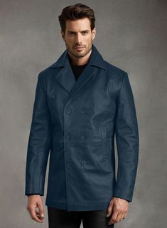 Dive into sleek sophistication with our Soft Winsor Blue Leather Pea Coat, where classic design meets contemporary flair. Crafted from sumptuously soft leather in a striking deep blue hue, this coat is a bold twist on a timeless favorite.    With its luxurious texture and rich color, it's the epitome of cool elegance. Elevate your outerwear game and make a statement wherever you go with our leather pea coat.   Made Using Pure Napa Sheep Skin Soft Leather.    Look includes     Soft Winsor Blue  Leather Color   Click 'Customize Now' to modify the look if needed.  Made as per your measurements Luxury Blue Outerwear With Double Button Closure, Classic Blue Pea Coat With Double Button Closure, Leather Pea Coat With Double Button Closure For Winter, Winter Leather Outerwear For Business Casual, Luxury Blue Double-breasted Outerwear, Classic Blue Long Peacoat, Luxury Blue Double-breasted Peacoat, Elegant Blue Pea Coat With Double Button Closure, Luxury Blue Winter Peacoat