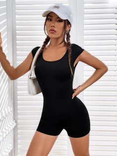 Balletcore Solid Backless Unitard Romper – Comfy Jumpsuits Black Short Sleeve Bodysuit With Scoop Neck For Summer, Black Scoop Neck Short Sleeve Bodysuit For Summer, Black Scoop Neck Short Sleeve Bodysuit, Romper Designs, Comfy Jumpsuits, Ballet Core, Backless Design, Fabric Suppliers, Beautiful Lines