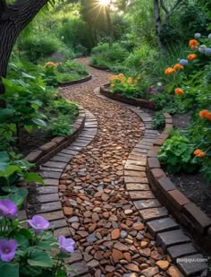 a stone path in the middle of a garden