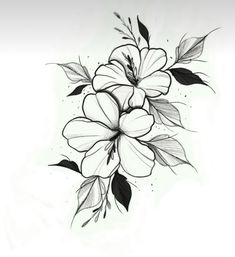 a black and white drawing of flowers with leaves on the bottom half of their petals