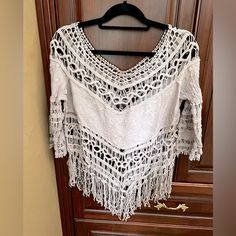 Beautiful Crochet Blouse, Nwt, Runs Small Bohemian Crochet Crew Neck Top, Bohemian Crochet Top With Crew Neck, Bohemian Crew Neck Knit Top, Bohemian Crochet Lace Crew Neck Tops, Long Sleeve Crochet Trim Top For Festival, Bohemian White Knit Top With Crochet Trim, Bohemian Top With Crochet Lace And Crew Neck, Long Sleeve Tops With Crochet Trim For Festival, White Crochet Bohemian Knit Top