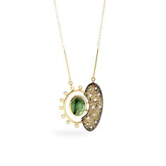 Gold, Silver & Stone Necklace - This necklace features a lovely deep green, 2.51ct emerald set in 18K yellow gold and surrounded by diamonds, G color and VS2 clarity, with .02tcw. The stardust is created by fusing bits of 18K yellow gold to oxidized sterling silver. This pendant hangs on a 1.1mm 18K yellow gold cable chain. and closes with a spring ring clasp. 2 Stone Necklace, Luxury Green Diamond Necklace For May Birthstone, Luxury Green Gemstone Diamond Necklace, Luxury Green Diamond Necklace With Gemstone, Luxury Green Diamond Gemstone Necklace, Fine Jewelry Green Diamond Gemstone Necklace, Emerald Necklace With Diamonds And 17 Jewels, Green Emerald Necklace With Single Cut Diamonds, Green Gemstone Diamond Necklace In Fine Jewelry Style