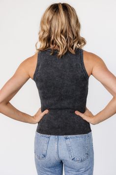 Breathable cotton tank for everyday wear Washed charcoal gray color Ribbed material has stretch Round neckline Low-cut armholes 100% Cotton Trina is 5'6, cup size 32D, size 2 and is wearing size S Spring Gray Scoop Neck Tank Top, Gray Scoop Neck Tank Top For Spring, Gray Ribbed Scoop Neck Top, Stretch Ribbed Gray Tops, Fall Seamless Stretch Tank Top, Gray Ribbed Sleeveless Tank Top, Gray Stretch Tank Top For Spring, Gray Sleeveless Seamless Top, Everyday Fall Scoop Neck Tank Top