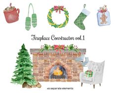 watercolor christmas clipart set with fireplace and stockings