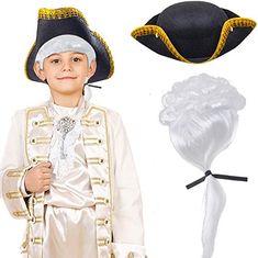 PRICES MAY VARY. Package Contents - Set A: 1*Colonial Black Tricorn Hat, 1* White Historical Colonial Costume Wig; Set B: 1*Colonial Black Tricorn Hat, 1* White Lace Jabot Cuffs Set Vintage Tricorn Gold Trim Hat - Colonial tricorn hat is black with ruffled gold trim, made of felt and measures 15.7", with a cap size that fits most teens, adults, and bigger kids Colonial Lace Jabot Cuffs Set - Material: Polyester and lace, it provides with soft and smooth texture, durable and classic appearance, t Colonial Wigs, Colonial Costume, Jabot Collar, Tricorn Hat, Lace Cuffs, Wig Making, Costume Wigs, George Washington, Costume Dress