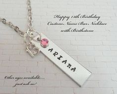 13th Birthday Necklace Gift for Girl Turning 13 Handstamped Handmade Charm Necklaces For Birthday And Mother's Day, Handmade Sterling Silver Birthstone Necklace For Birthday, Silver Birthstone Necklace For Birthday, Silver Stamped Charm Necklace For Birthday, Silver Stamped Necklace For Birthday, Silver Charm Necklaces For Birthday, Pink Charm Necklace For Birthday, Pink Charm Necklaces For Birthday, Custom Name Silver Birthstone Necklace For Birthday