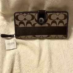 Beautiful Double Sided Wallet From Coach Khaki And Brown Colored With Silver Hardware Snap Closure On One Side With 12 Card Slots Wrap Around Zip Closure On Other Side 8” Length, 4” Height No Flaws Brand New With Tags Original Price Is $228 Plaid Purse, Pink Wristlet, Slim Leather Wallet, Envelope Wallet, Accessories Bags Shoes, Bags Coach, Bee Print, Accessories Bags, Signature Print