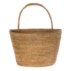 a large woven basket with handle on the side and handles down to the bottom, it is