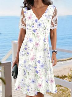 Mode Prints, Modest Summer Dresses, Dress Name, Vintage Floral Dress, Womens Knit Dresses, White Floral Dress, Linnet, Vestido Casual, Casual Lace