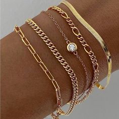 Material: 14k Gold Plated Hypoallergenic Lead & Nickle Free Tarnish Free Length: 8.5” 5pc Bracelet Set Cute Anklets, Gold Bracelets Stacked, Summer Beach Jewelry, Cubic Zirconia Bracelet, Gold Bracelet Cuff, Gold Bangle Bracelet, Anklet Jewelry, Stylish Jewelry, Metal Bracelets