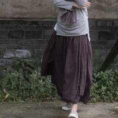 Elegant Dark Purple Pure Cotton Irregular Midi-Length Skirt Relaxed Fit Cotton Full Skirt, Spring Lagenlook Tiered Skirt, Baggy Cotton Maxi Skirt Casual Style, Baggy Solid Skirt For Fall, Baggy Cotton Maxi Skirt Casual, Cotton Maxi Skirt For Fall, Fall Cotton Maxi Skirt, Baggy Cotton Maxi Skirt For Fall, Bohemian Baggy Cotton Skirt