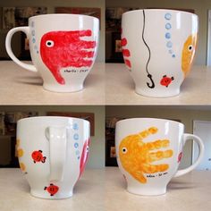 four coffee mugs with handprinted designs on them are shown in three different positions