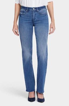 NYDJ Marilyn Straight Leg Jeans | Nordstrom Dark Wash Straight Leg Elastane Bottoms, Modern Fitted Straight Leg Jeans, Fitted Straight Jeans With Five Pockets, Classic Stretch Flare Jeans In Medium Wash, Classic Stretch Medium Wash Flare Jeans, Medium Wash Stretch Straight Pants, Medium Wash Straight Fit Bottoms, Denim Blue Straight Leg Pull-on Jeans, Fitted Pull-on Denim Blue Jeans