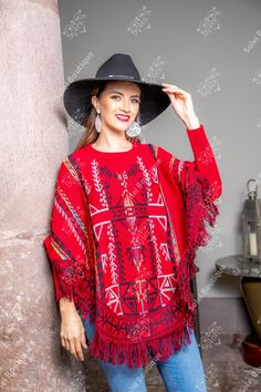 Red Folk Style Poncho For Fall, Folk Style Red Poncho For Winter, Red Bohemian Poncho For Winter, Red Folk Style Poncho For Festival, Red Long Sleeve Poncho For Festival, Red Bohemian Cape Poncho, Red Bohemian Poncho Cape, Multicolor Folk Poncho For Winter, Red Poncho For Beach In Fall