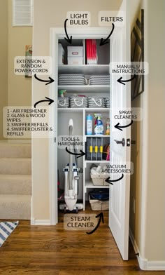 an organized pantry with labeled labels on the door and shelves in it, including cleaning supplies