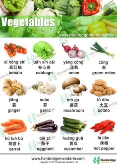 an image of vegetables that are in english and chinese characters on the same page, including carrots, broccoli, peppers, cucumber, eggplant