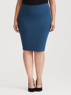 A thick ponte knit fabric skirt stretches and smoothes while maintaining its shape. Ponte fabric. Thick elasticized waist. Banded trim. Vented back. Pencil skirt silhouette. CONTENT + CARE: Rayon/nylon/spandex. Wash cold; line dry. Imported plus size skirt. SIZE + FIT: Size 2 measures 25. 75” from waist to hem. Model is 5'10”, size 1. The best plus size women's midi studio luxe ponte pencil skirt skirts in teal made of studioponte. These dressy clothes and work-wear, office-wear, career-wear, and business-wear will make you look professional to nail your job interview and wear to work every day. Torrid is your destination for the freshest spring and summer styles. Imperial Blue, Plus Size Skirt, Fabric Skirt, Ponte Fabric, Career Wear, Women Midi, Plus Size Skirts, Office Wear, Midi Length