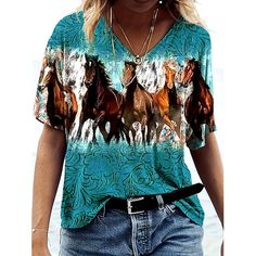 Category:T-shirt; Season:Summer; Fabric:Polyester; Sleeve Length:Short Sleeve; Gender:Women's; Style:Casual; Elasticity:Micro-elastic; Tops Type:T Shirt; Occasion:Daily; Top Length:Regular Tops; Pattern:Horse; Design:Print; Neckline:V Neck; Brand:Shall We; Listing Date:06/26/2024; Bust:null; Length:null; Sleeve:null; Fit US Size:null; Fit UK Size:null; Fit EU Size:null Oktoberfest Outfits, Tuxedo Shirt Men, Womens Basic Tops, Mens Outdoor Jackets, Cotton Linen Pants, Outwear Women, Linen Shirt Men, Linen Shirt Dress, Plus Size Outerwear