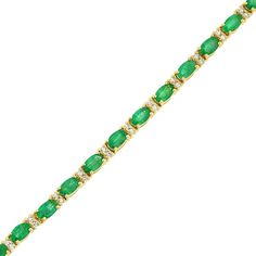 Add a pop of color to all your favorite looks with this charming oval-shaped green emerald and diamond alternating line bracelet in yellow gold. Fashioned in 14K gold This design glistens with sideways 5.0 x 3.0mm oval-shaped verdant-green emeralds. Pairs of petite diamonds shimmer between, completing the alternating pattern. This choice sparkles with 1/2 ct. t.w. of diamonds. The 7.0-inch bracelet secures with a box clasp. Classic Green Oval Diamond Bracelet, Elegant Green Oval Diamond Bracelet, Luxury Green Oval Tennis Bracelet, Green Oval Diamond Bracelet For Gift, Green Oval Diamond Bracelet Gift, Green Oval Tennis Bracelet As Gift, Green Oval Tennis Bracelet For Gift, Classic Green Oval Tennis Bracelet, Fine Jewelry Green Oval Bracelets