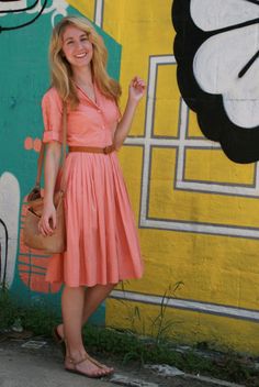 I love fit and flare type dresses that accentuate my small waist. I also enjoy dresses with retro vibe. I love color! Dress With Sleeve, Modest Dresses Casual, Modest Dress, Coral Dress, Modest Dresses, Dress Styles, Mode Outfits, Modest Outfits, Latest Fashion For Women