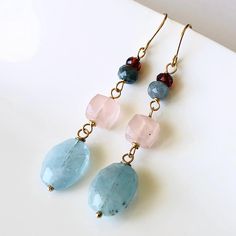 Aquamarine Rose Quartz Garnet Earrings Gold Filled wire wrapped natural gemstone bohemian statement long dangle drops gift for her 7518 Fish Hooks Show, Garnet And Gold, Rose Quartz Earrings, Garnet Earrings, Quartz Rose, Fine Earrings, Red Garnet, Boho Earrings, Earrings Gold