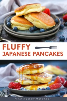 fluffy japanese pancakes with blueberries and strawberries on the side