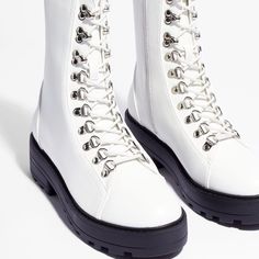 Brand New, Never Worn - Bright White Lace-Up Combat Biker Boots With Chunky Black Rubber Lug Sole | Size 8. Zero Scuffs Or Imperfections. White Chunky Combat Boots, White Company Biker Boots, Biker Boots, Moto Boots, Lug Sole, Black Rubber, Bright White, White Lace, White And Black