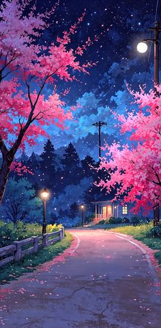 a painting of a street at night with pink trees