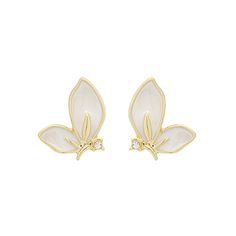 Step out in style with these gleaming 18k gold-palted stud earrings with elegant white enamel set in a butterfly shape with a shining cubic zirconia head. 0.47" W x 0.59" H 18k gold-plated copper / enamel / cubic zirconia Butterfly Stud Earrings, Butterfly Earrings Stud, Butterfly Shape, A Butterfly, White Enamel, Cubic Zirconia, 18k Gold, Gold Plate, Copper