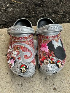 Custom, Minnie mouse inspired crocs. Black Crocs With Rhinestones, Minnie Mouse Crocs, Baddie Crocs, Customized Crocs Shoes, Croc Fashion, Blinged Crocs, Croc Decor, Croc Designs, Crocs Diy