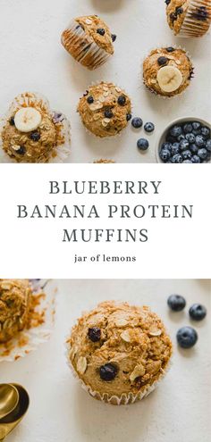 blueberry banana protein muffins on a white surface