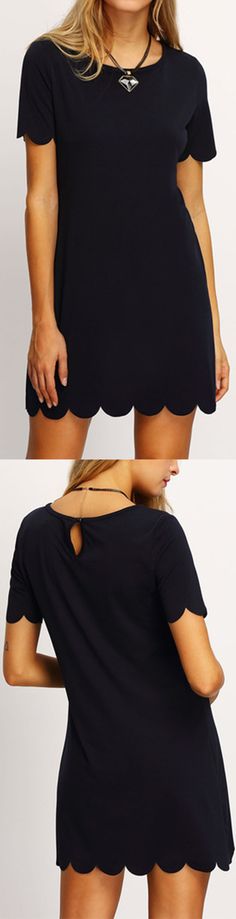 Black Scalloped Hem Keyhole Dress. US$12.99 College Attire, Keyhole Dress, Couture Mode, Sweet Style, Scalloped Hem, Crepe Dress, Marie Antoinette, Outfits Casuales, Look Fashion