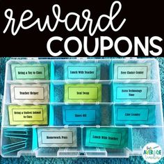 reward coupons in a plastic container with the words reward coupons written on it