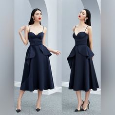 Question? Leave On The Comment Below! Navy Midi Dress For Spring Evening, Navy A-line Midi Dress For Party, Navy Midi Dress For Spring Party, Elegant Navy Midi Dress For Spring, Navy Midi Length Evening Dress, Chic Navy Party Midi Dress, Chic Navy Midi Party Dress, Chic Navy Midi Dress For Party, Navy Midi Dress For Cocktail