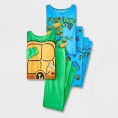 Your child will look forward to exciting dreamland adventures with this 4-Piece Teenage Mutant Ninja Turtles Long-Sleeve Cotton Snug-Fit Pajama Set. This set includes two pairs of PJs, with each piece crafted from 100% cotton with ribbed cuffs and ankles for all-night cozy comfort. One pair includes a long-sleeve sleep tee designed to imitate Leonardo's uniform with a pizza slice tucked in the belt and matching green pajama pants. The other pair includes a blue long-sleeve tee and pajama pants, Multicolor Cartoon Print Sleepover Sets, Multicolor Cartoon Print Sets For Sleepover, Green Cotton Sets With Character Print, Multicolor Cartoon Print Bedtime Sets, Playful Green Sets With Character Print, Fun Cartoon Print Pajama Party Sets, Multicolor Character Print Sets For Pajama Party, Multicolor Character Print Sleepover Set, Fun Cartoon Print Bedtime Sets