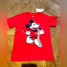 Size 2t Playful Red Mickey Mouse Top, Red Short Sleeve Top With Mickey Mouse, Cute Red Mickey Mouse Top, Red Cotton Mickey Mouse T-shirt, Red Mickey Mouse Cotton T-shirt, Red Cotton Mickey Mouse Top, Red Mickey Mouse Cotton Top, Red Cotton T-shirt With Mickey Mouse, Red Mickey Mouse T-shirt