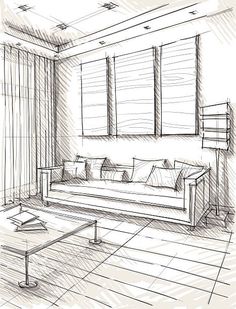 a drawing of a living room with couches and coffee table in the middle of it