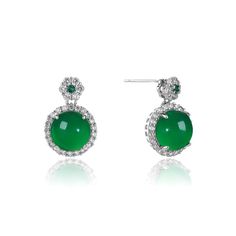 These earrings perfectly blend nobility and elegance, featuring high-quality Imperial green chalcedony jade as the central gemstone, showcasing a deep and enchanting luster. At the top of the earrings is an additional small piece of chalcedony jade, surrounded by sparkling CZ diamonds, creating a classic and exquisite design. The 18K white gold vermeil base not only enhances the durability of the earrings but also adds a touch of luxury to the overall design. Whether for everyday wear or special Luxury Jade Earrings For Formal Occasions, Exquisite Jade Jewelry For Formal Occasions, Exquisite Green Formal Earrings, Exquisite Green Earrings For Formal Occasions, Elegant Green Jade Jewelry, Elegant Green Cabochon Earrings, Elegant Round Emerald Earrings, Elegant Green Round Earrings, Fine Jewelry Green Cabochon Earrings