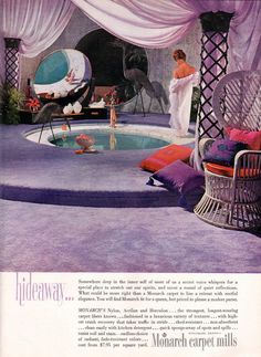 an advertisement for modern carpet mills featuring a woman in a bathrobe and chair