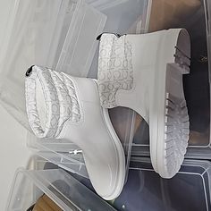 A White Pair Of Brand New Calvin Klein Rain Boots In Size 8 White Round Toe Rain Boots For Spring, White Synthetic Boots With Flat Heel, White Synthetic Flat Heel Boots, Casual White Rain Boots For Winter, Calvin Klein White, Calvin Klein Shoes, Winter Rain, Womens Calvin Klein, Rain Boots