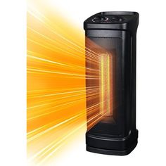 an electric heater with yellow light coming from the front and back sides, on a white background